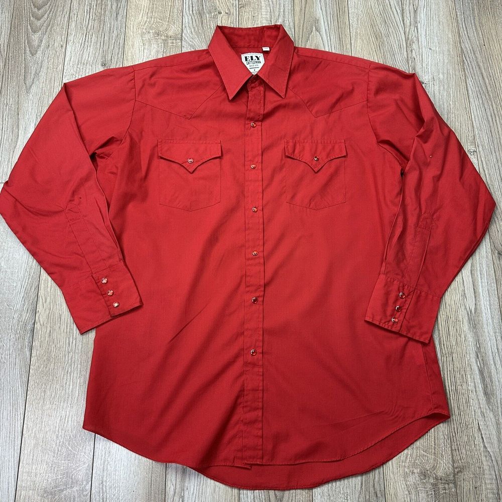 ELY Cattleman Men's‎ Size 16.5x34 Western Long Sleeve Red Pearl Snaps Shirt*